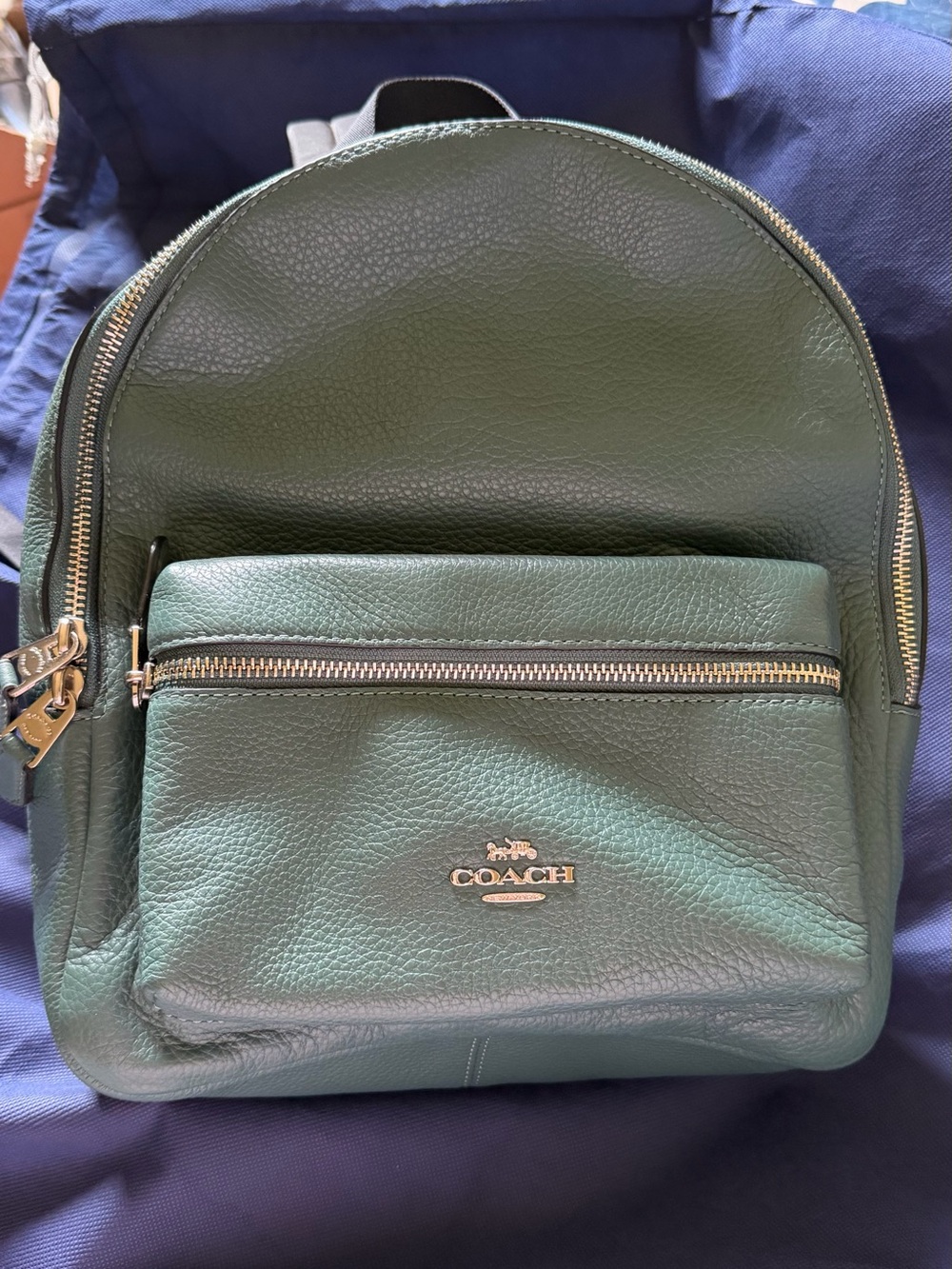 Coach Dark Green Pebbled Leather Backpack with Gold Hardware